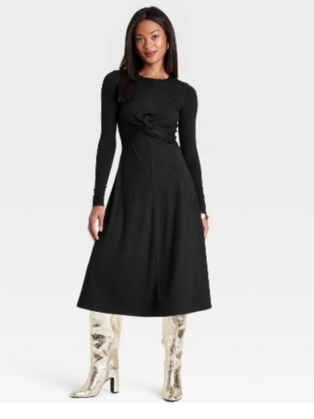 Black Long-Sleeve Twist-Waist Midi A Line Dress Size XL Universal Thread NWT